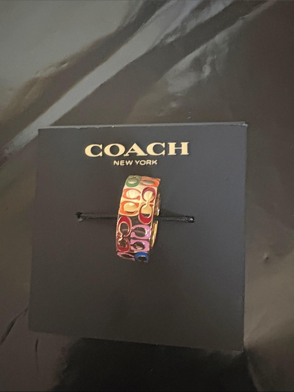 Coach Gold Tone Ring with Blue and Pink Signature C Accents Size 7